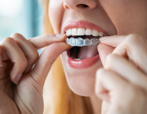 Dental patient placing an Invisalign clear braces tray