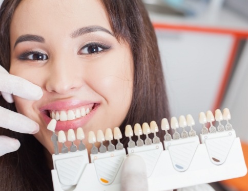 Woman's smile compared to porcelain veneer color options