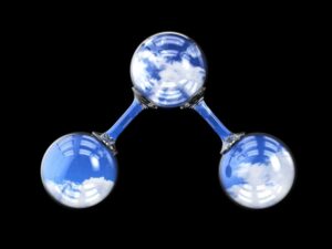 Diagram of ozone molecule against dark background 
